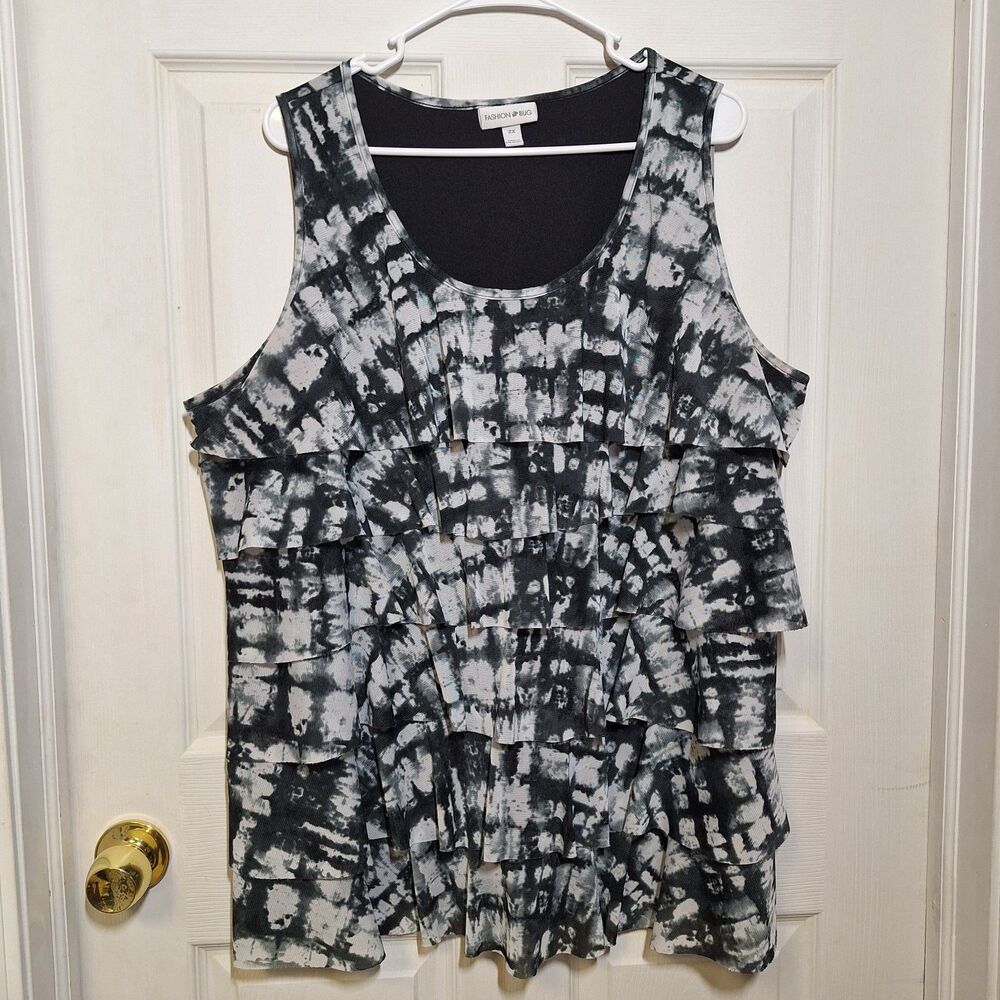 Fashion Bug Black White Tie Dye Tiered Sleeveless Top Scoop Neck Boho Size 2X
